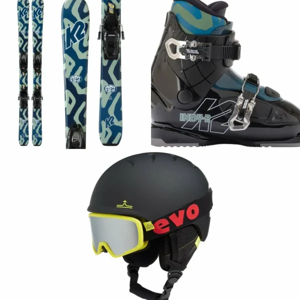Kids K2 Indy Skis + FDT 4.5 Bindings + Indy 2 Ski Boots + evo Sessel Helmet + Goggle Combo - Kids'