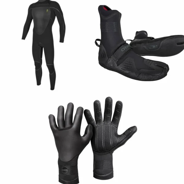 O'Neill 4.5/3.5 Mutant Legend Chest Zip Hooded Wetsuit + 3/2 Psycho Tech Split Toe Wetsuit Boots + 3mm Psycho Tech Gloves